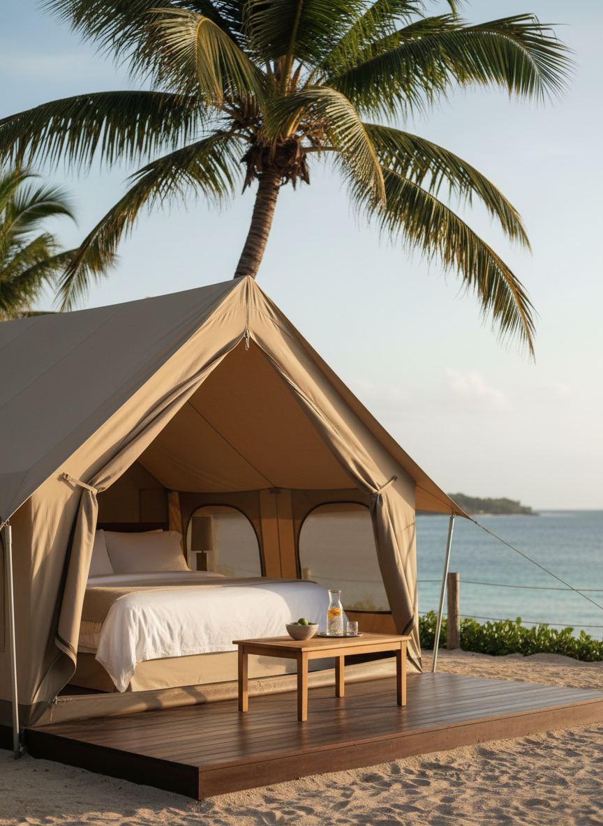 A single luxury eco-tent under the graceful arch of a tall coconut palm, its sand-colored canvas taut and clean, anchored on a low dark-wood deck. Inside, visible through an open front, a neatly made king-size bed with crisp white linens and a light linen throw faces the ocean. On the deck, a minimalist teak coffee table holds a glass carafe of citrus-infused water and a small ceramic bowl. Soft late-afternoon Caribbean light washes the scene, creating gentle shadows and a calm, diffused glow. Shot at eye level using the rule of thirds, with a shallow depth of field that softly blurs the distant shoreline. The mood is intimate, refined, and quietly indulgent, with photographic realism and understated, muted tones.