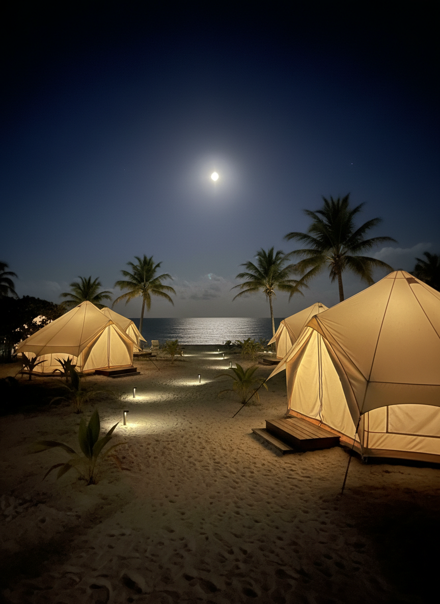 A night-time scene of an eco-tent retreat, with several sand-colored tents subtly illuminated from within, their canvas walls glowing softly against a darkened Caribbean sky. A winding path of low, recessed ground lights traces a gentle curve through the fine sand, leading past clusters of low native plants and the slender trunks of palm trees. The ocean is visible as a calm, muted band of silver in the distance, reflecting a faint crescent moon. Soft, warm lighting creates delicate highlights on the tent seams and wooden steps, while deeper shadows lend depth and tranquility. Captured from a slightly raised angle to show the layout of the site, the mood is quiet, intimate, and sophisticated, with a minimalist composition and photographic realism emphasizing subtle gradients of light and darkness.