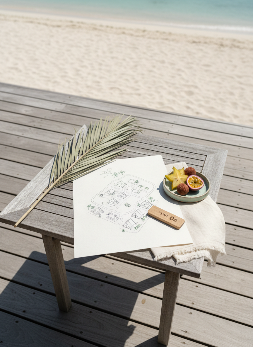 A carefully styled overhead view of a glamping welcome setup on a weathered teak outdoor table, positioned on a wooden deck overlooking pale Caribbean sand. The arrangement includes a hand-drawn site map printed on textured off-white paper, a slim key fob engraved with a tent number, a linen napkin, and a small ceramic dish with local tropical fruits in soft, muted hues. A single dried palm frond extends diagonally across the frame, adding organic structure. Gentle, indirect daylight from the side creates subtle gradients and fine shadows, emphasizing the textures of paper, wood, and fabric. The composition is minimalist and meticulously arranged, with negative space and a muted color scheme evoking refined eco-luxury. Photographic realism with shallow depth of field keeps the central objects razor sharp while softening the deck boards around the edges.