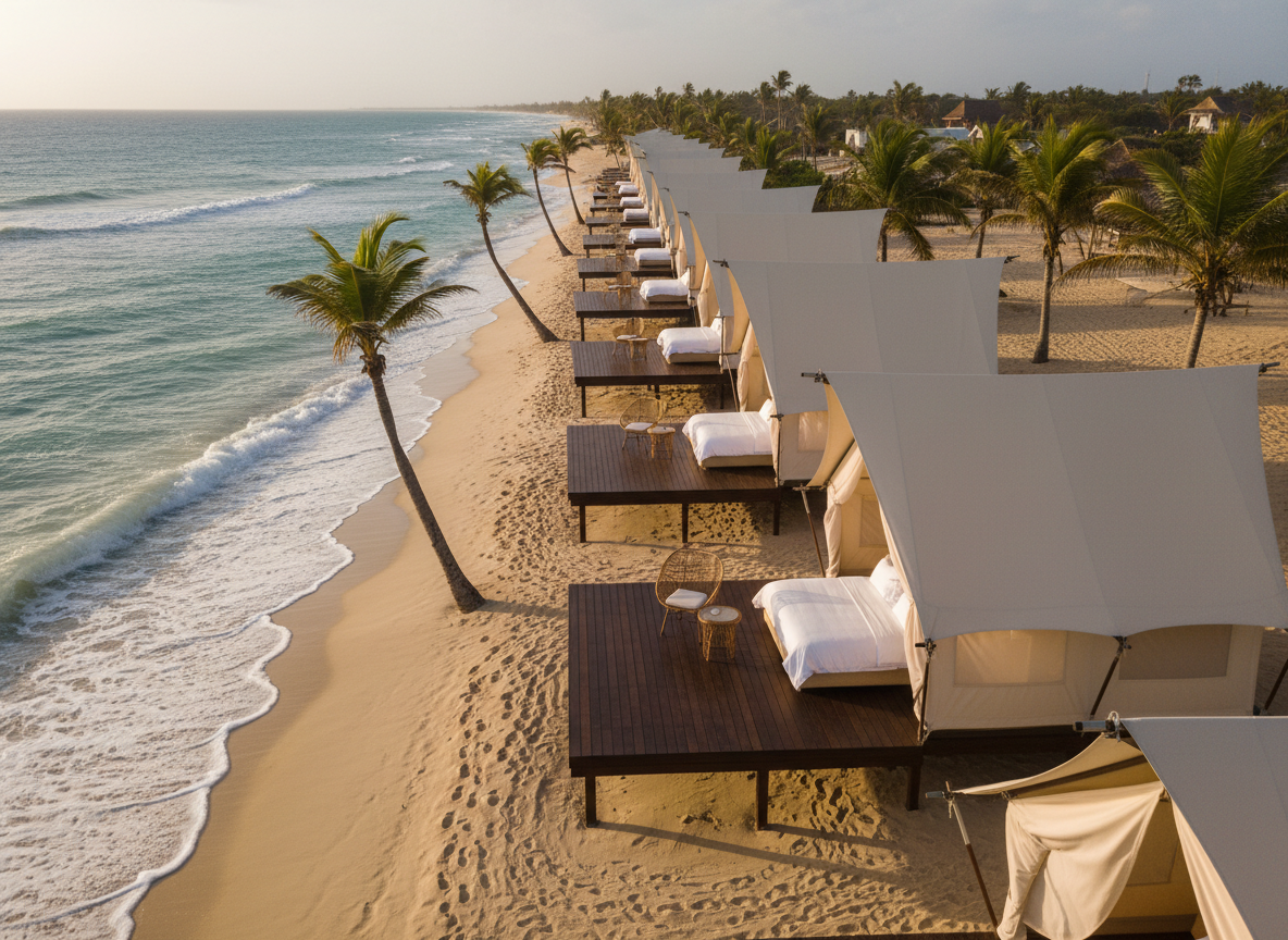 A row of elevated canvas eco-tents with pale sand-colored fabric and dark wooden platforms, arranged along a quiet Caribbean shoreline. Each tent has a minimalist triangular silhouette, woven rattan chairs on the deck, and softly billowing curtains that reveal crisp white bedding inside. Muted turquoise waves roll in gently, with scattered palm trees casting elongated shadows across the sand. The scene is lit by soft golden hour sunlight, creating subtle gradients on the tent fabric and refined highlights on the wood grain. Captured from a slightly elevated, wide-angle perspective with sharp focus throughout, the composition feels balanced and uncluttered. The mood is serene, sophisticated, and luxuriously simple, rendered in photographic realism with a muted, elegant color palette.