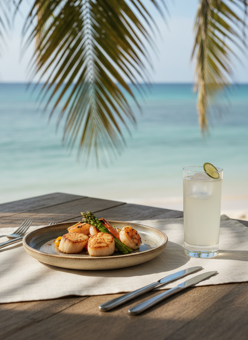 A close-up of a refined beachside dining setup on a wooden table beneath gently swaying palm fronds, the ocean softly blurred in the background. The focus is on a stoneware plate in muted sand and gray tones, holding a carefully plated dish of fresh local seafood and grilled vegetables in subdued natural colors. Beside it, a tall, slender glass holds a pale, translucent cocktail with a single clear ice cube and a thin lime slice. Soft, late-morning coastal light filters through, creating delicate highlights on glass and cutlery and gentle shadows across the linen table runner. Shot at a low, intimate angle with shallow depth of field, the scene feels elegant and understated. The photographic style is clean and minimalist, with refined textures and a muted palette that conveys sophisticated, eco-conscious indulgence.