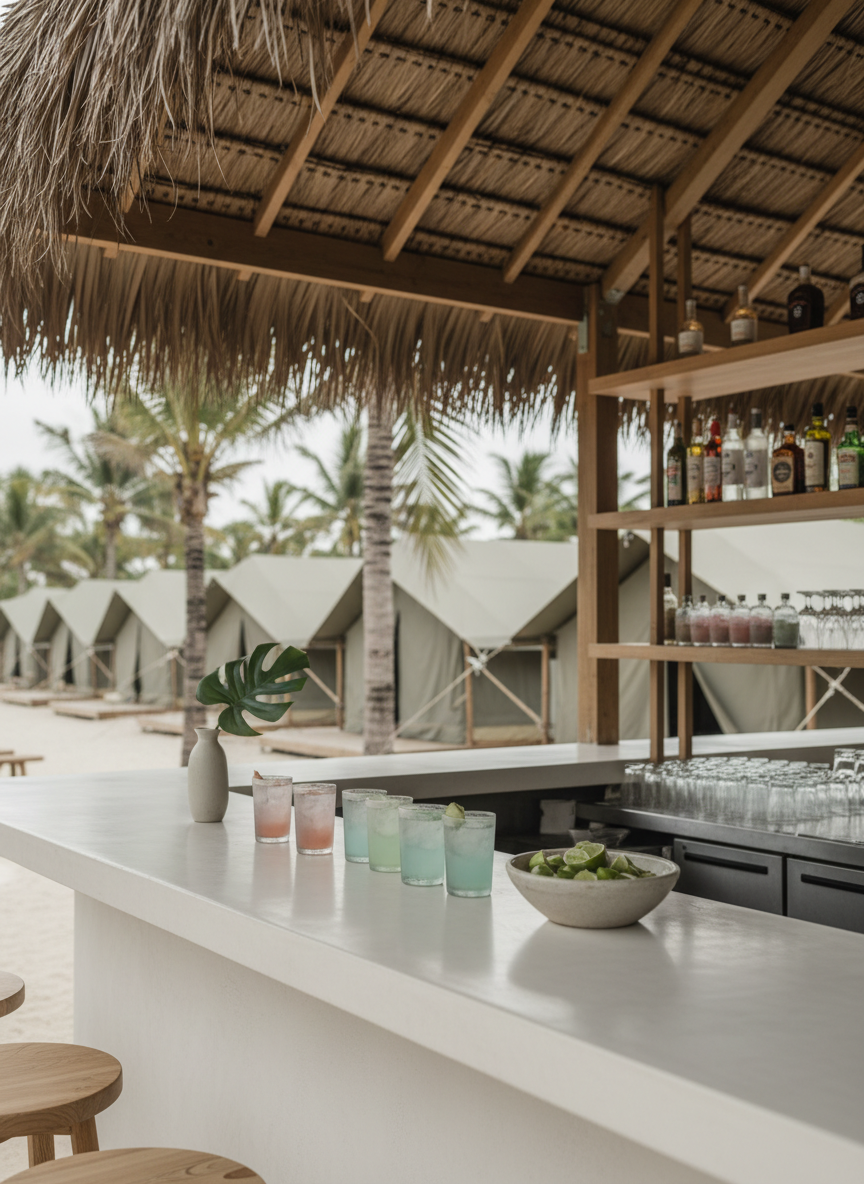 An open-air beach restaurant-bar with a flat, matte-white concrete bar counter and polished light-wood shelving, partially shaded by a palm-thatched canopy. On the counter, an arrangement of frosted glass cocktail tumblers with pale, pastel-colored drinks sits beside a simple ceramic bowl of lime wedges and a small vase with a single tropical leaf. Beyond, neat rows of eco-tents recede into the distance, partially obscured by palm fronds. Soft, diffused coastal light filters through, casting delicate shadows and subtle reflections on the bar surface. Captured from a low, slightly oblique angle, the composition emphasizes depth and clean lines. The atmosphere is relaxed yet sophisticated, with a minimalist, photographic style and a muted, beach-inspired palette of sand, sage, and seafoam.